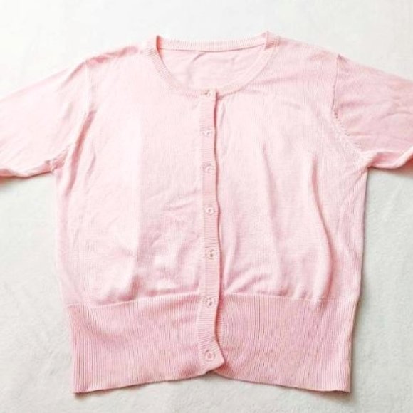 Rayon Blend Light Pink Cardigan Clear Button Up Round Neck Long Sleeves Sheen M - Picture 7 of 13